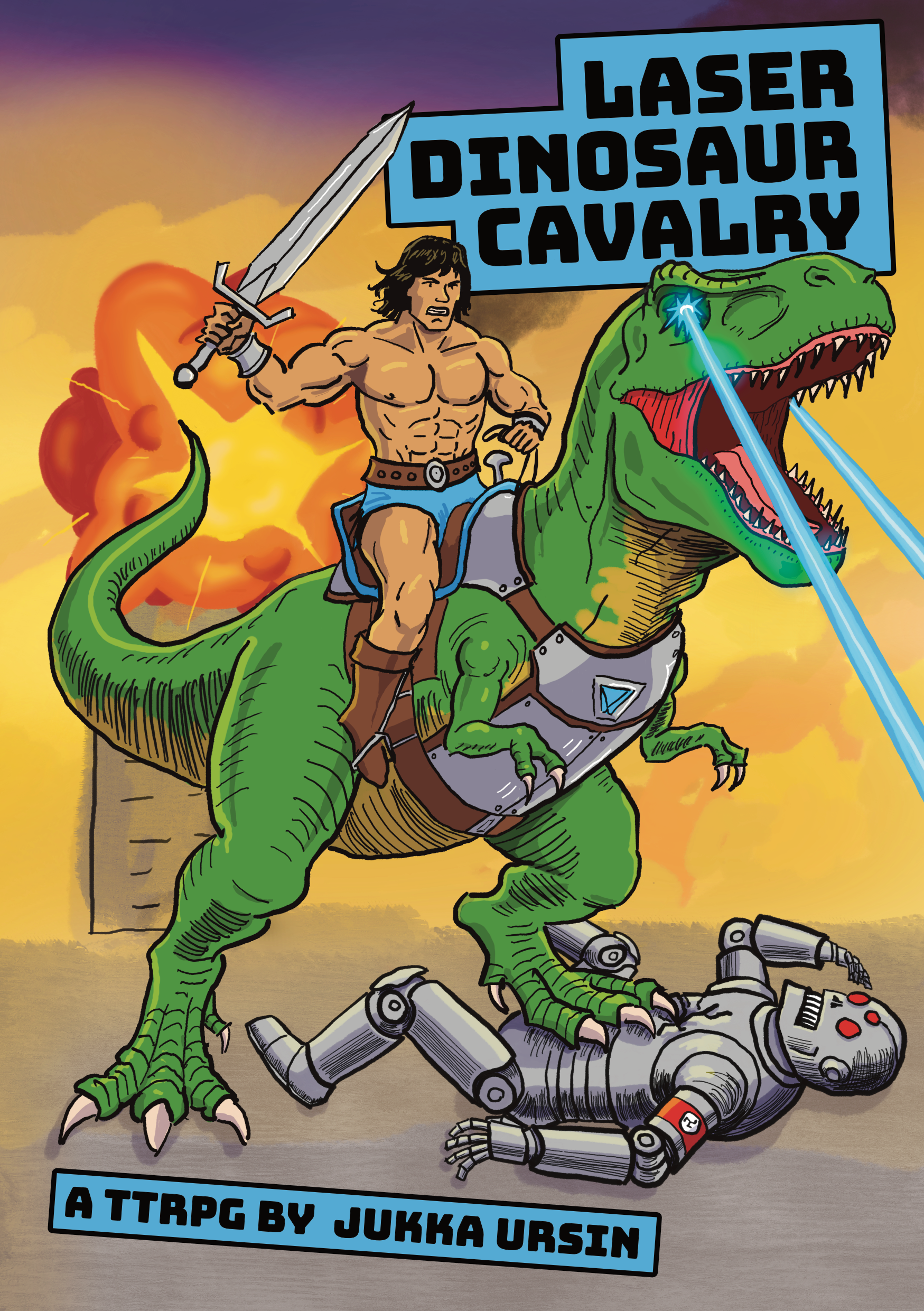 Cover art for Laser Dinosaur Cavalry. Muscular shirtless man is riding a T. Rex that is shooting lasers out of its eyes. He is holding a sword up high. The T. Rex is stomping on a Nazi robot.