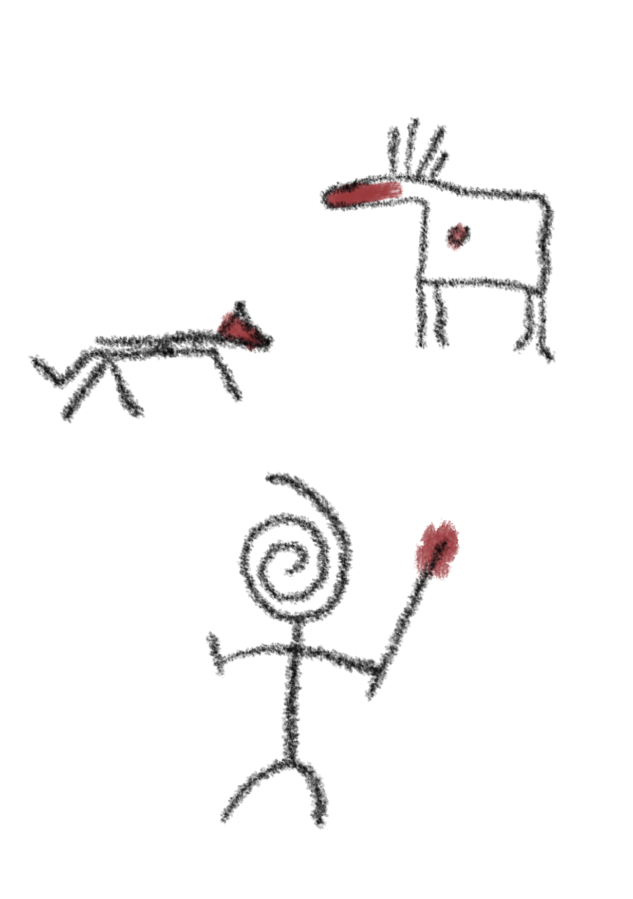 Cover art for Northpyre: Council. There are three figures drawn in style that looks like prehistoric rock art. On the bottom, there is a human stick figure with a spiral for a head, wielding a short implement in one hand and a long one in the other. The long implement's tip is painted red. On the top left, there's a wolf with a red head. On the top right, there's an elk with a red head and a red dot in its side.